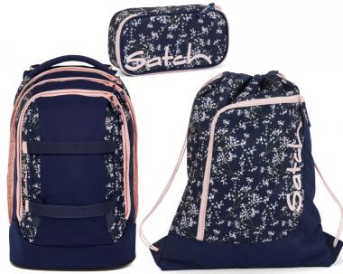 Schülerset Satch Pack Turnbeutel Schüttelpennal Schulrucksack Bloomy Breeze dunkelblau rosa Blumen