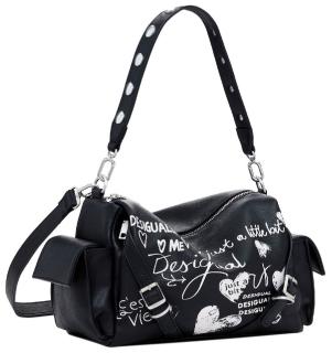 Seshat Habana Desigual Schultertasche schwarz Print weiß Statement negro