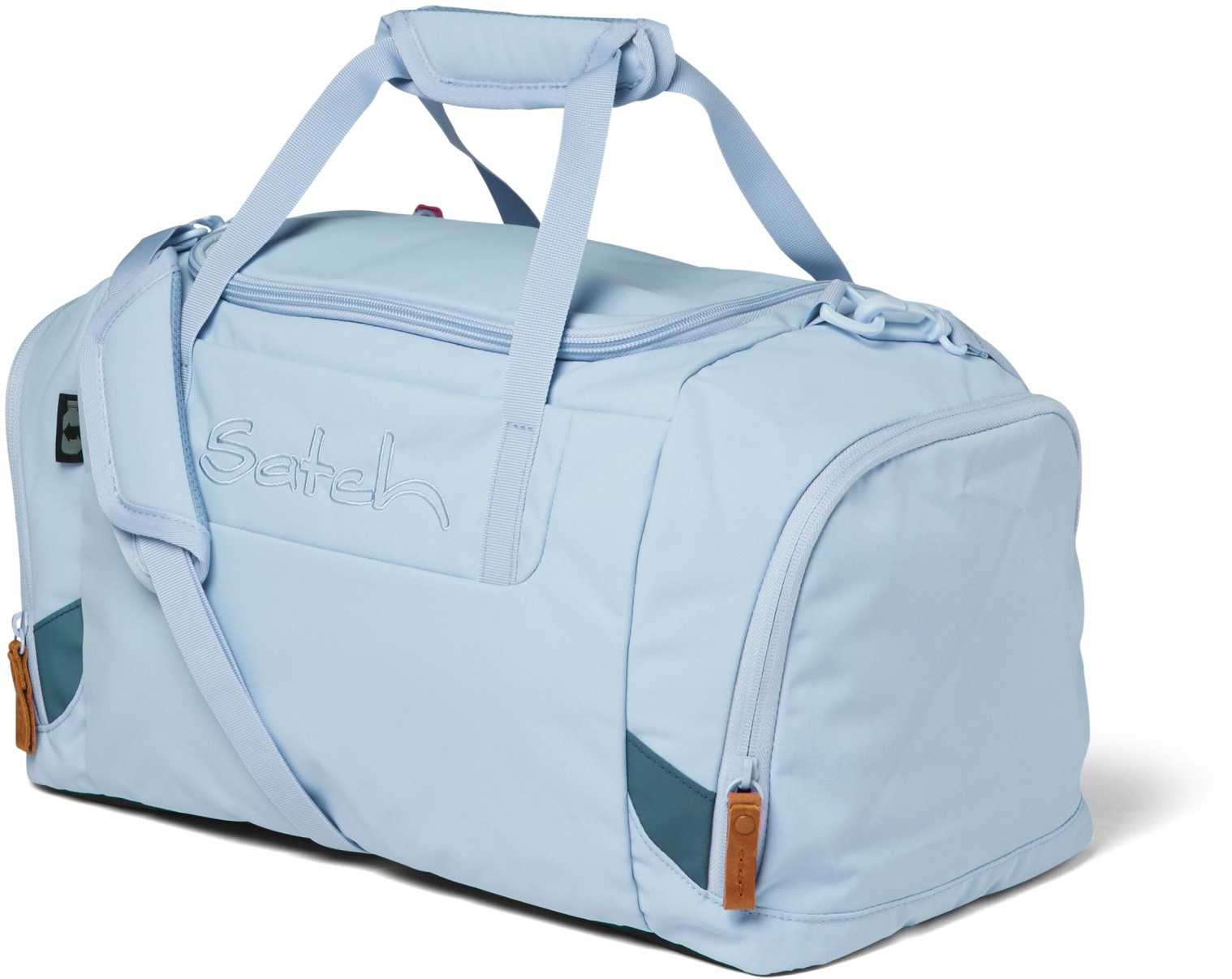 Sporttasche hellblau Lederdetails Satch Duffle Bag Nordic Ice Blue reflektierend