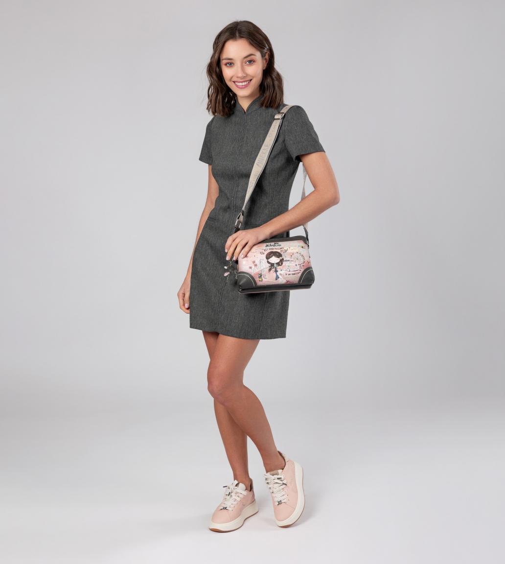 Anekke Crossovertasche zweigeteilt Peace & Love Rosa bestickt