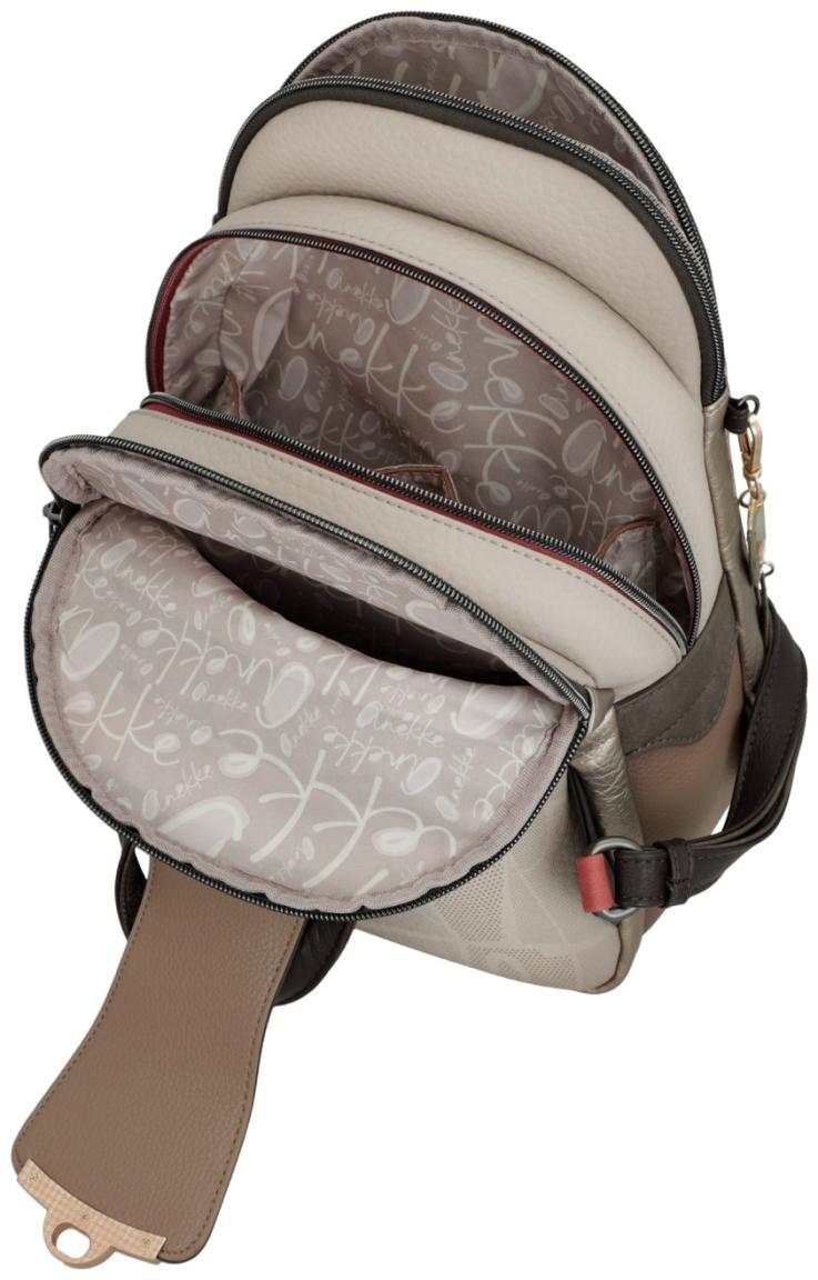 Anekke femininer Damenrucksack beige Glanzgarn Muse dunkelbraun Griechenland 