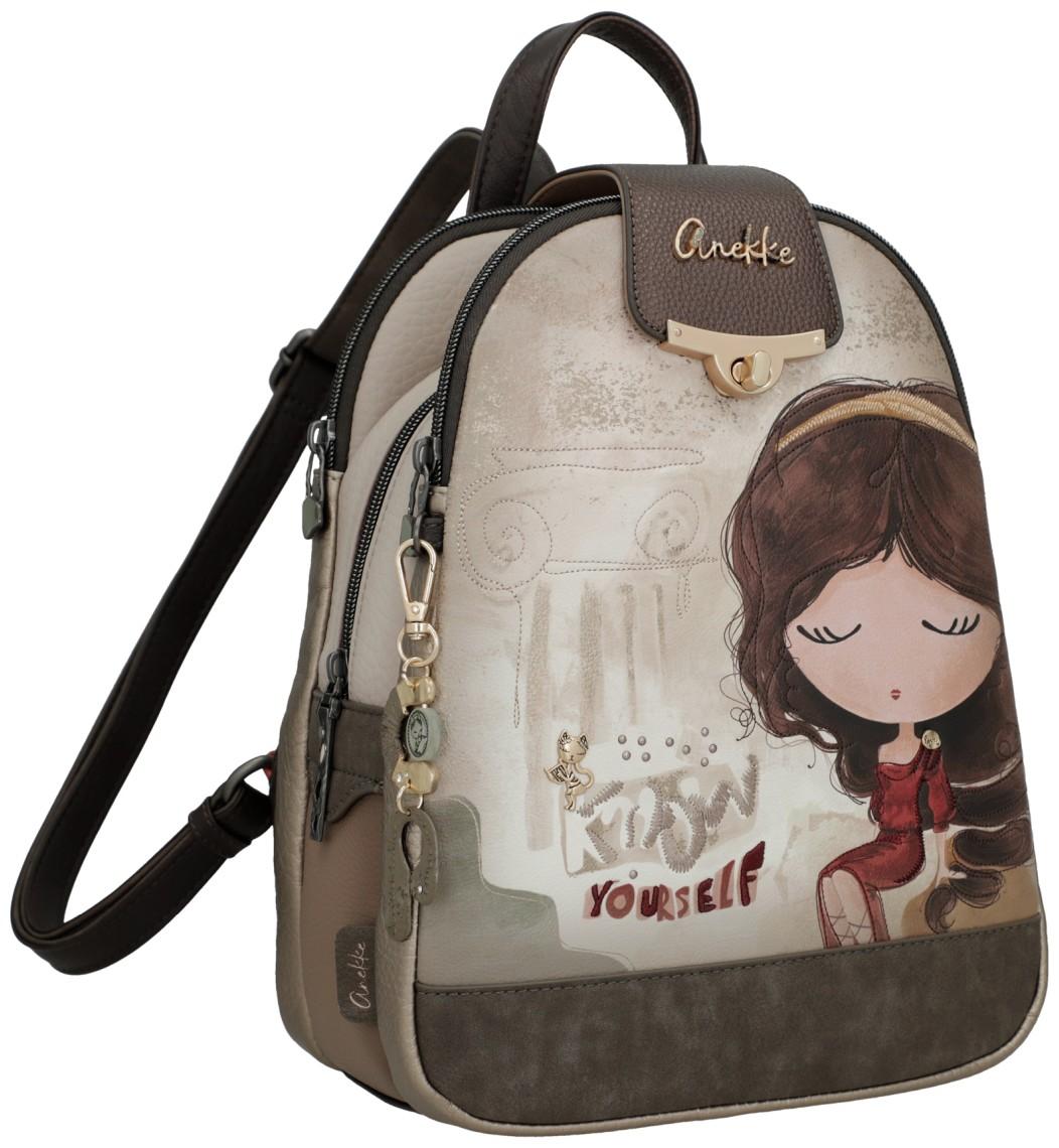 Anekke femininer Damenrucksack beige Glanzgarn Muse dunkelbraun Griechenland