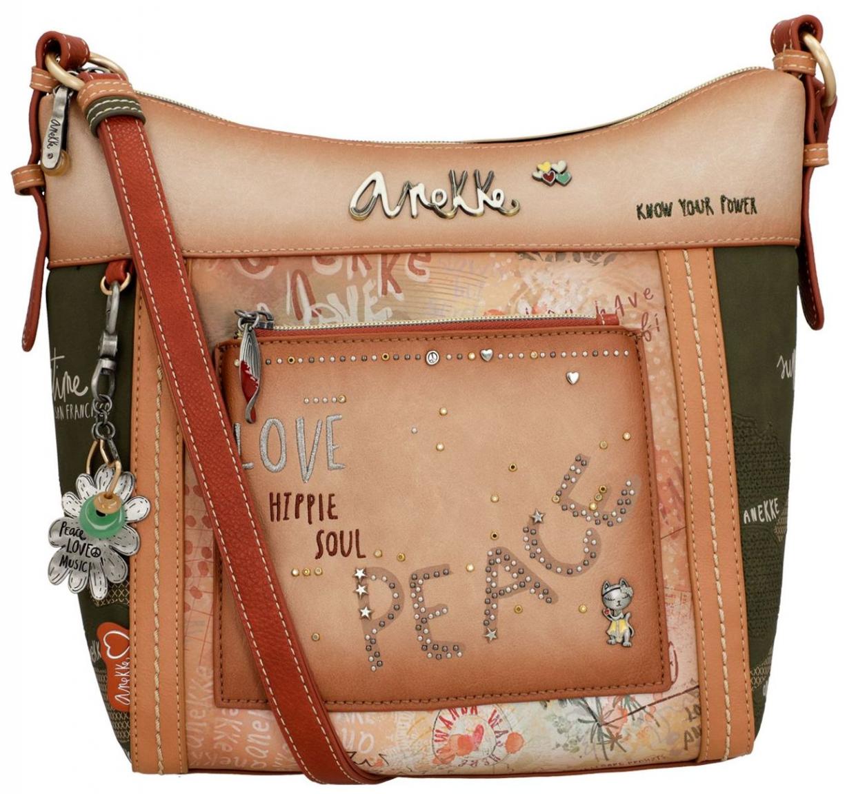 Beuteltasche Hippie Anekke Peace & Love Flowers Nieten beige braun