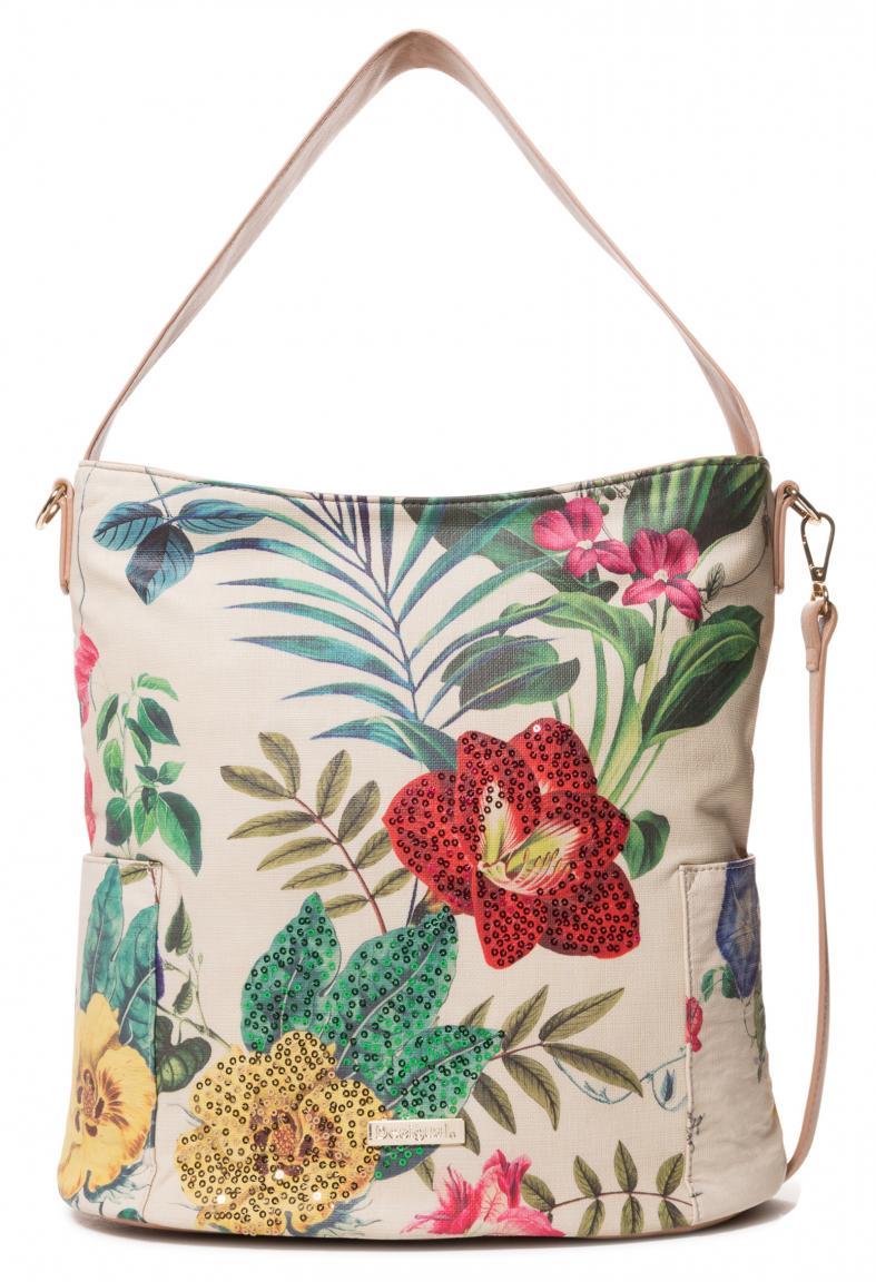 Beuteltasche Yakarta Desigual Clio beige Blumendruck Pailletten