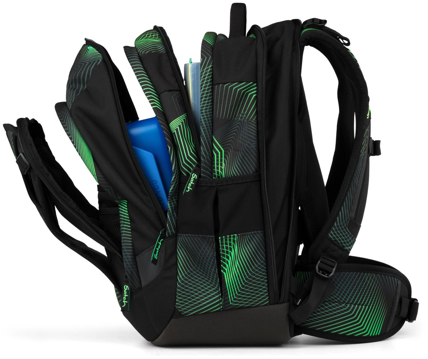 Bücherrucksack schwarz grün Print Satch match Plus Seismic Green