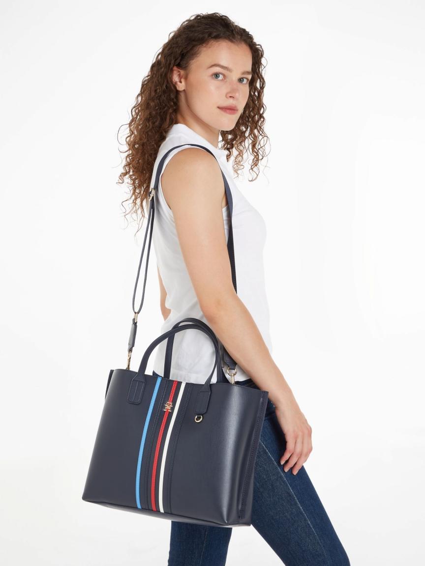 Business Tasche Damen Tommy Hilfiger Iconic Tommy Satchel Corp blau aufgenähte Streifen