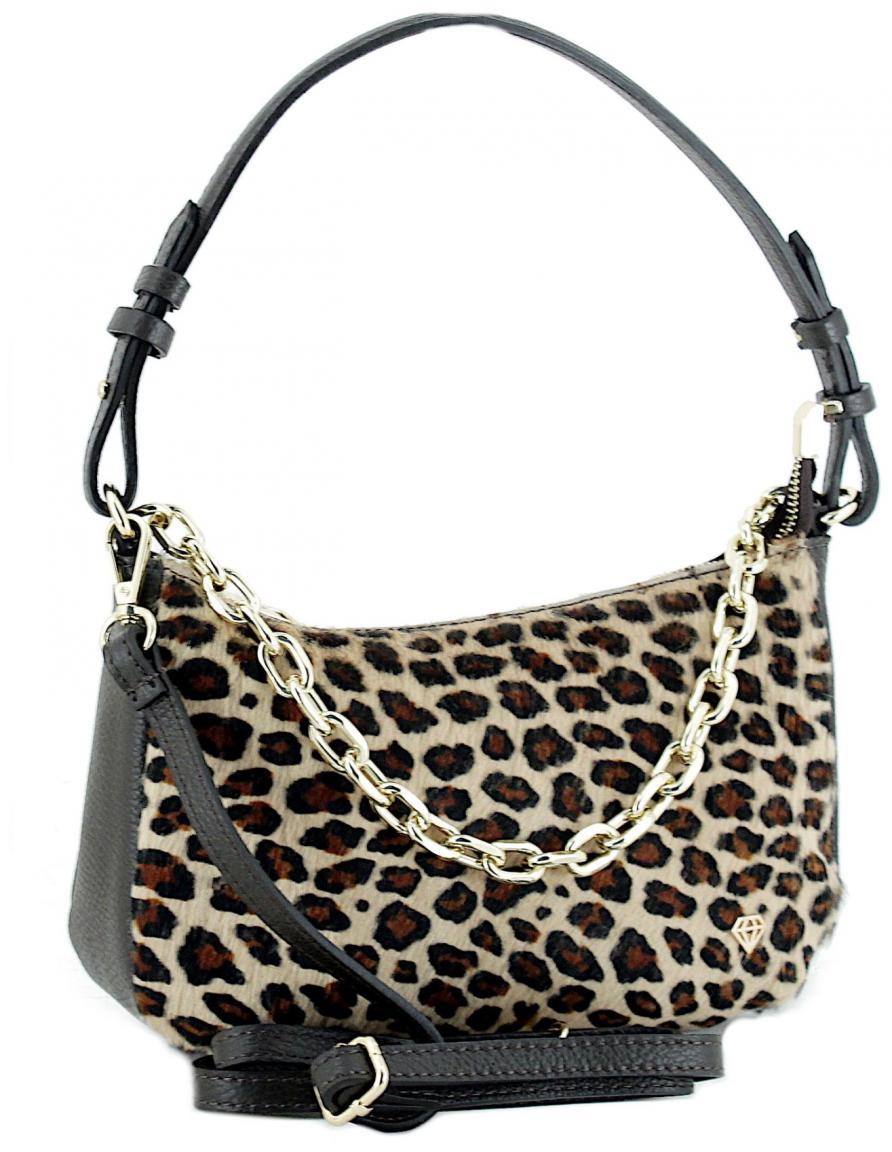 Caleidos Ledertasche mit Fellbesatz Leopard Kette
