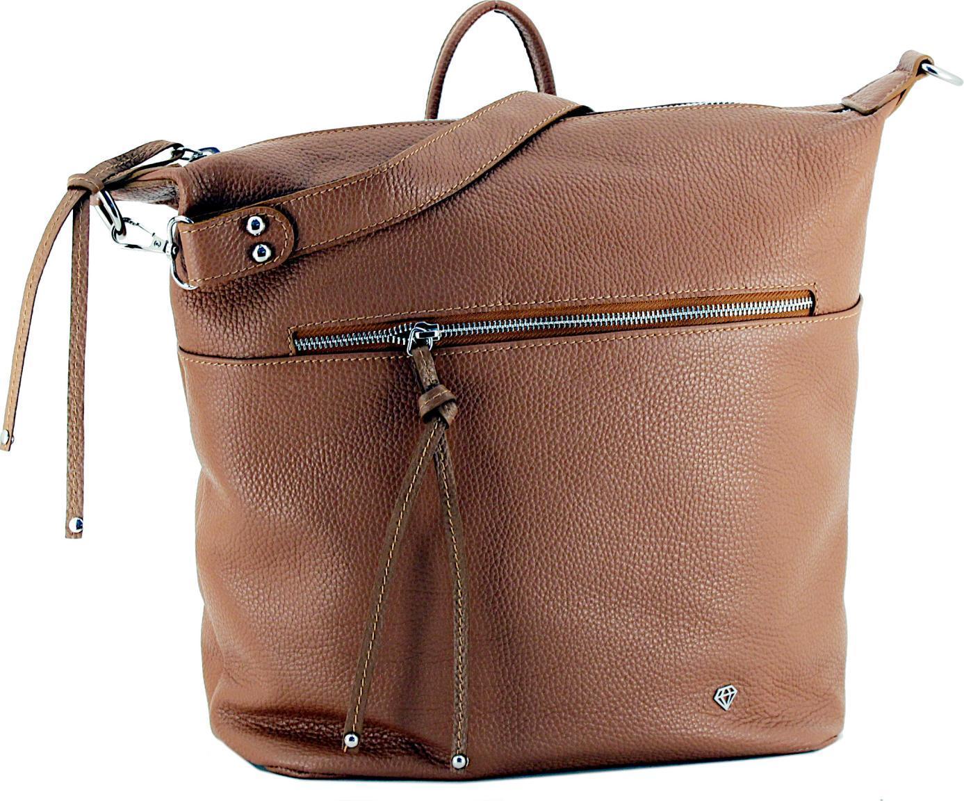 Caleidos Taschenrucksack Cuoio Cognacbraun genarbtes Leder Hobo Markenemblem