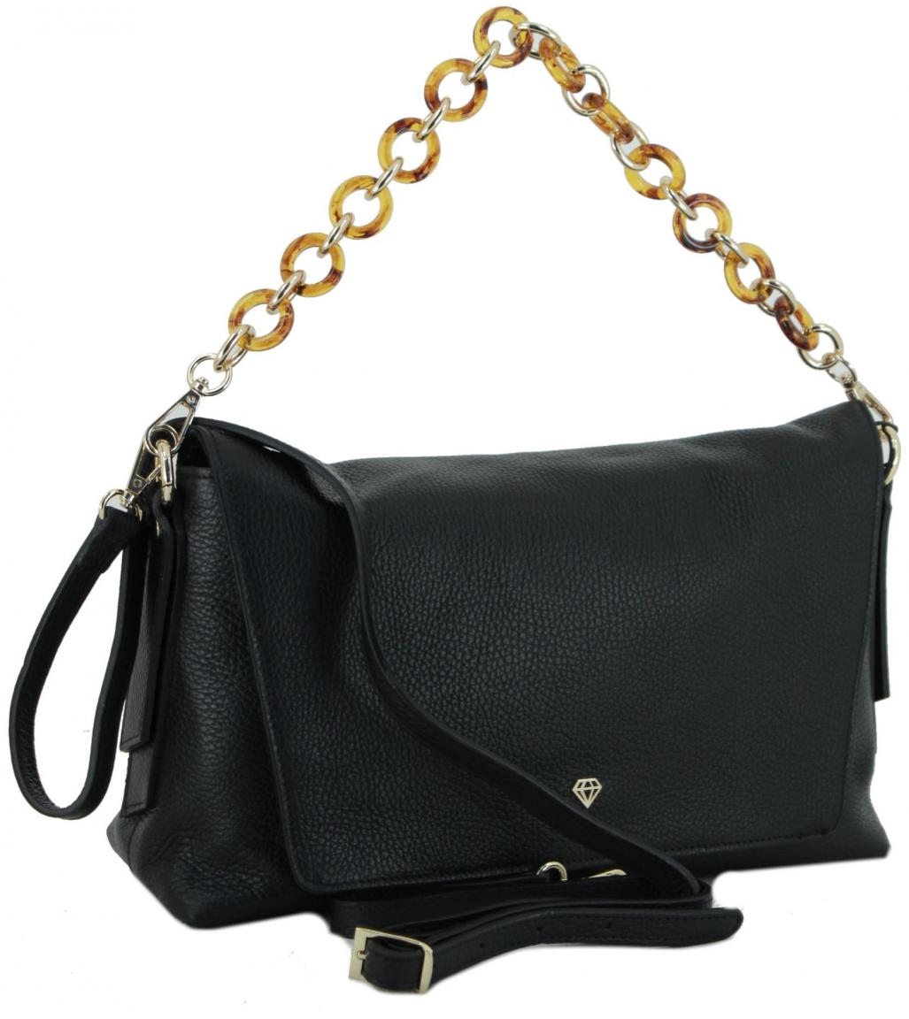 Chain Bag mit Überschlag Caleidos Black Leder schwarz genarbt