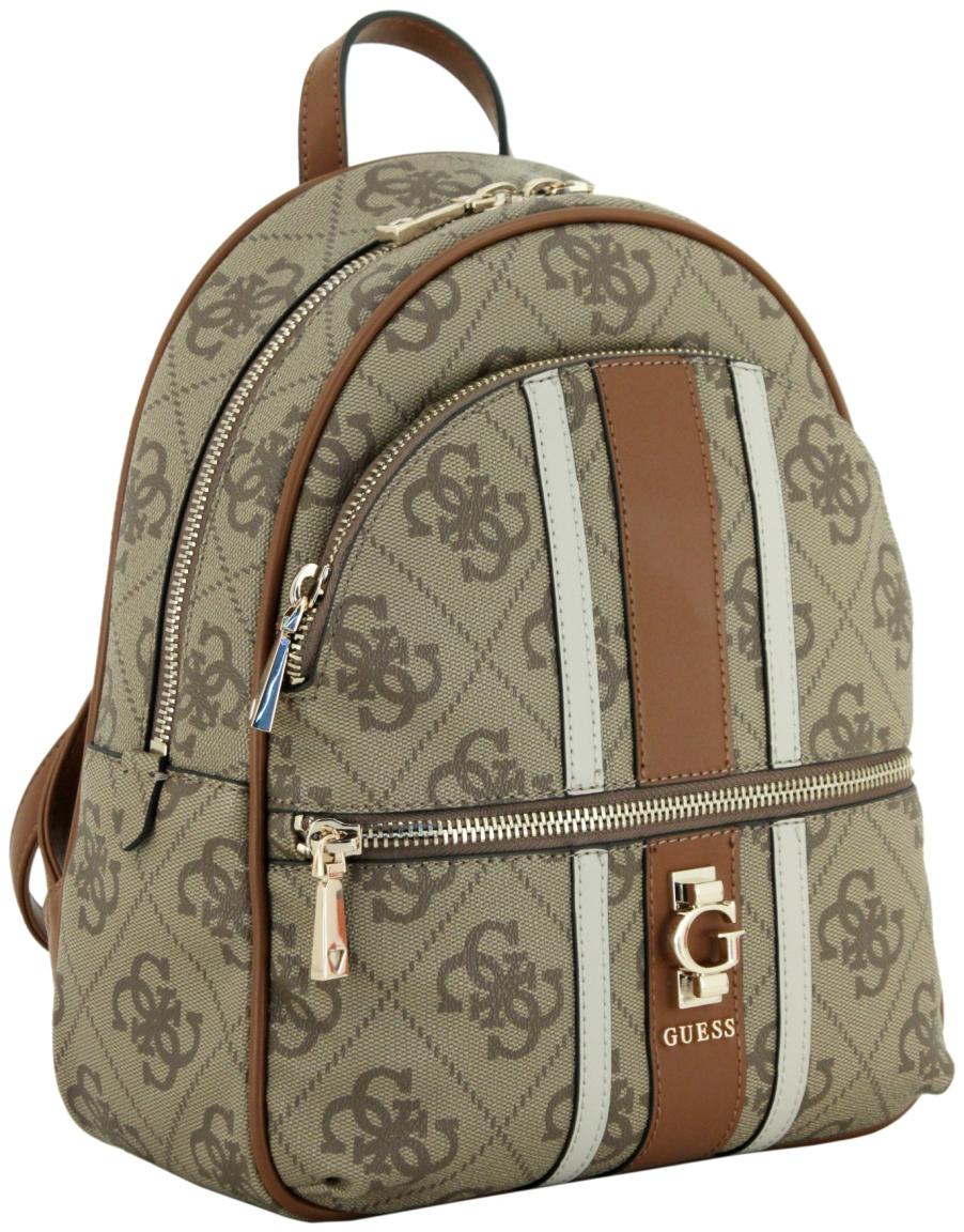 Damenrucksack Guess Erenia Latte Logo Blockstreifen beige 4G Print