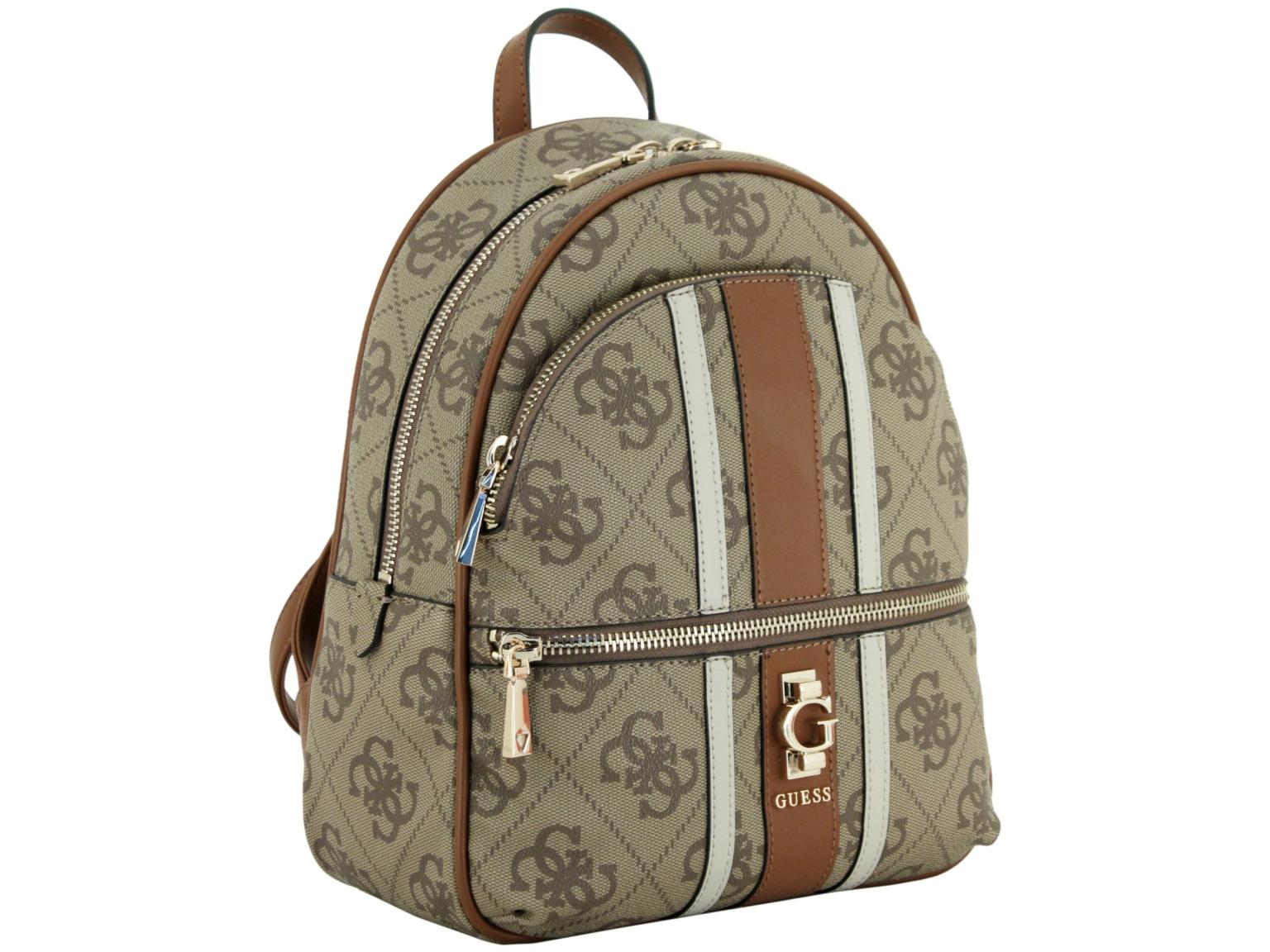 Damenrucksack Guess Erenia Latte Logo Blockstreifen beige 4G Print