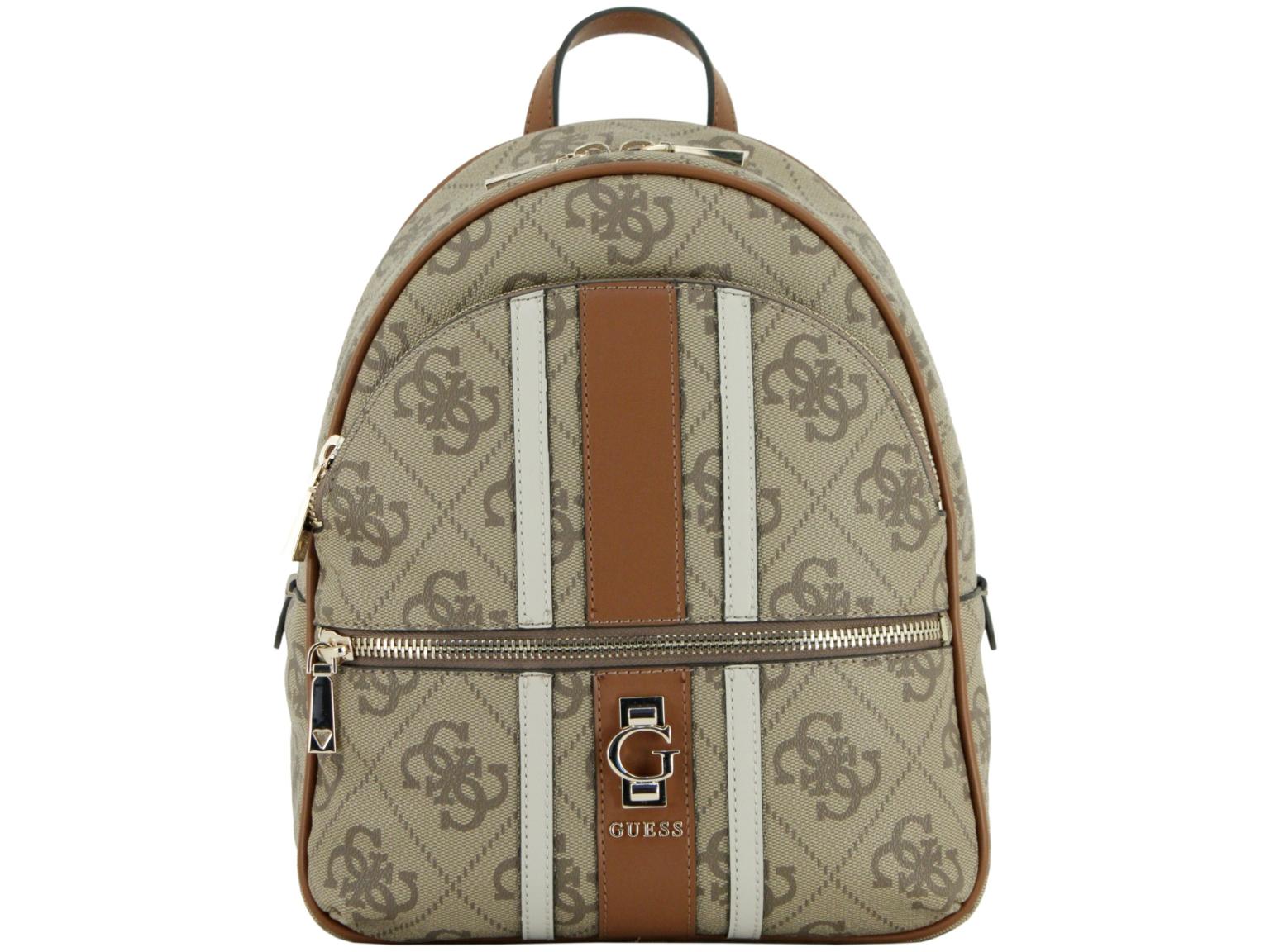 Damenrucksack Guess Erenia Latte Logo Blockstreifen beige 4G Print