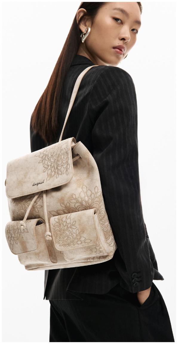 Damenrucksack beige Desigual floral Stickerei Prisa feminin Sierra
