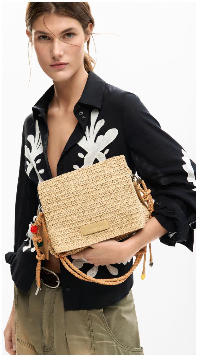 Desigual Basttasche beige Venecia orange Raffia Natural sommerlich Überschlag