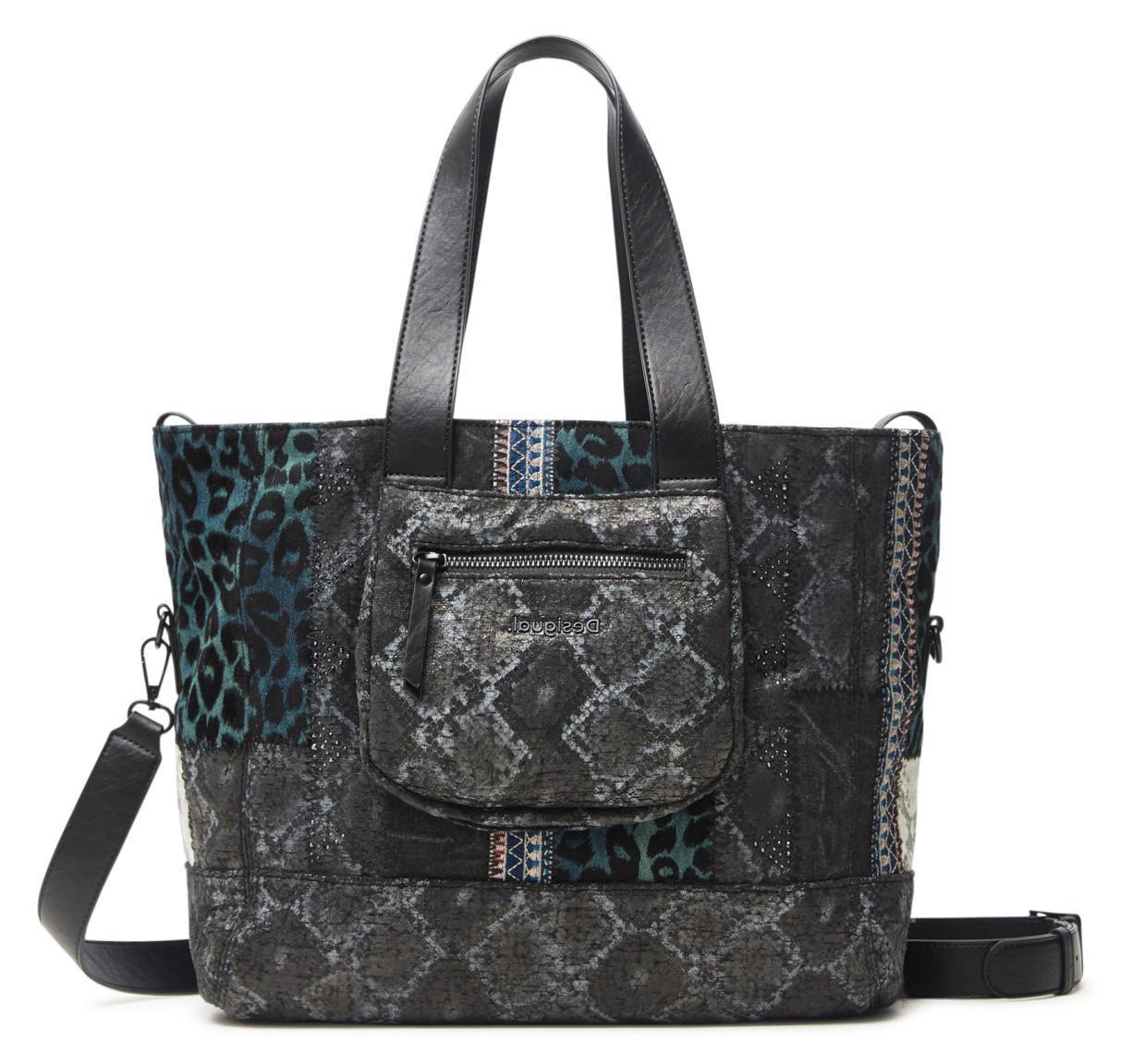 Desigual Pasadena Tunez Shoppertasche Animalprint Strass Patchwork grau blau