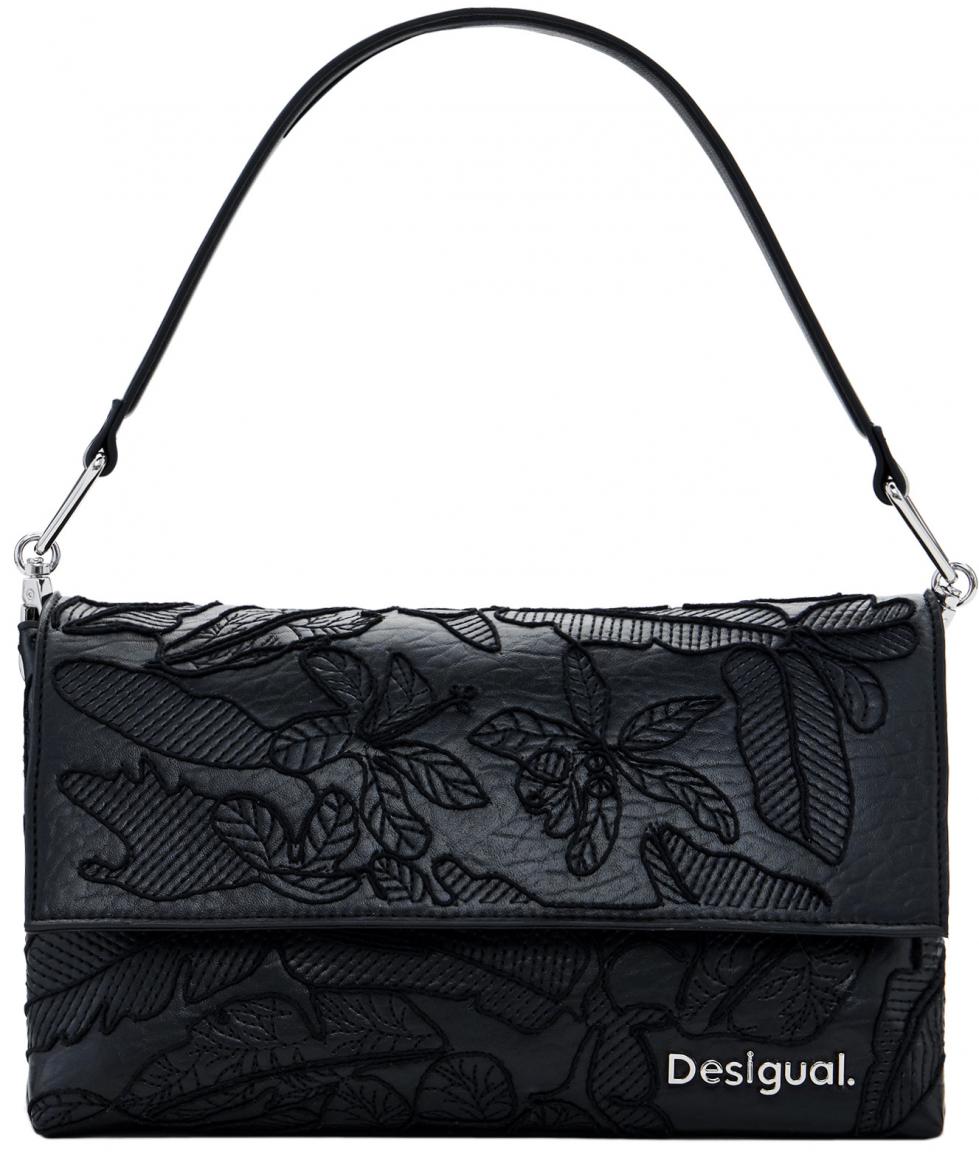 Desigual Schultertasche Venecia schwarz Blätter Jolie Stickerei