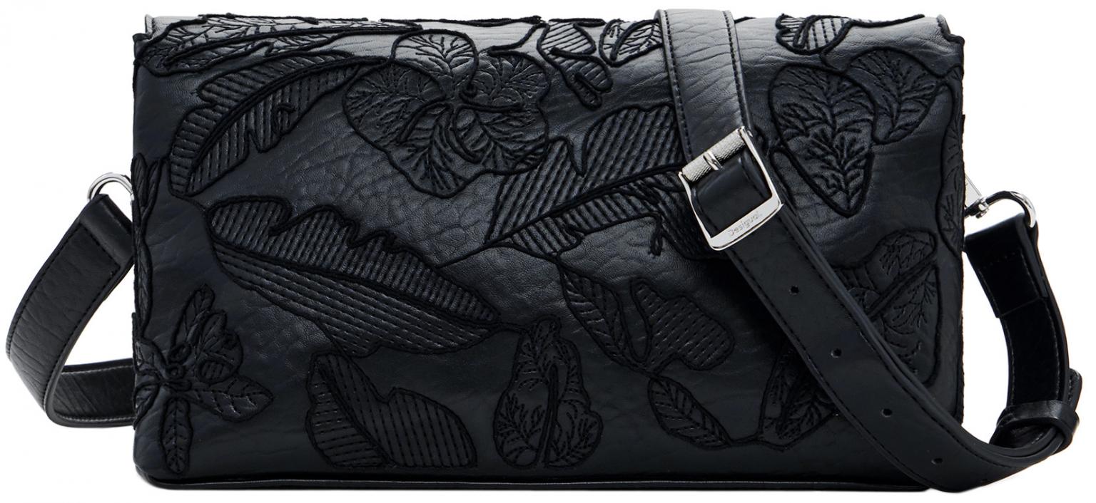 Desigual Schultertasche Venecia schwarz Blätter Jolie Stickerei