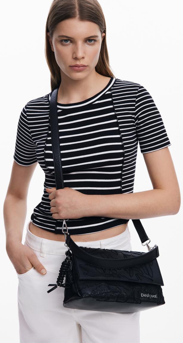 Desigual Schultertasche Venecia schwarz Blätter Jolie Stickerei