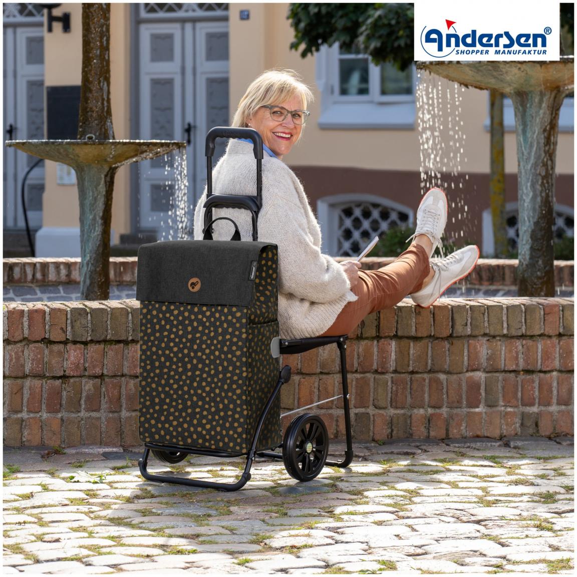 Einkaufsroller mit Sitzfläche Andersen Komfort Shopper mit Fita schwarz gepunktet