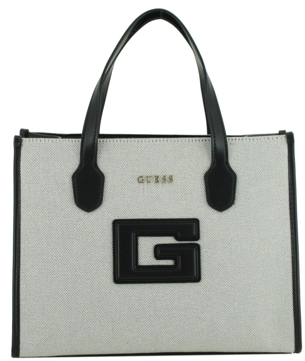 Guess Kurzgrifftasche G Status Canvas schwarz beige