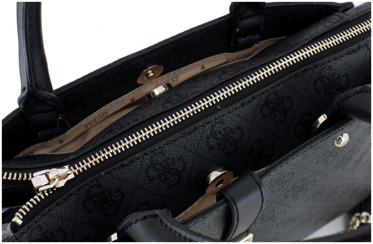 Guess Kurzgrifftasche Zamira Coal Logo Alloverprint grau schwarz