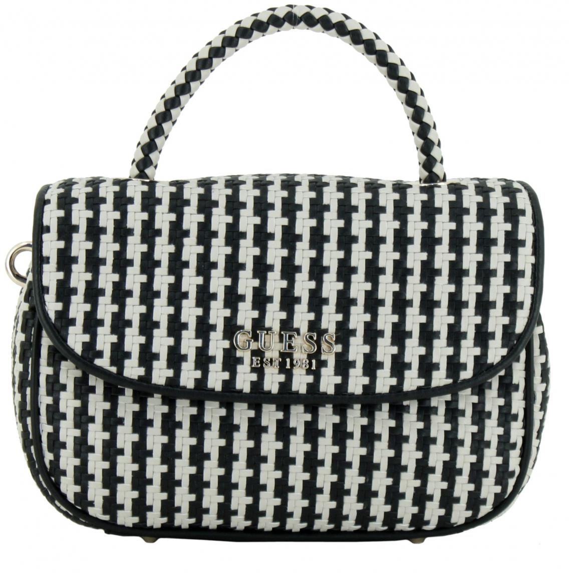 Guess Mirema Top Handle Überschlagtasche schwarz beige gestreift Flechtoptik
