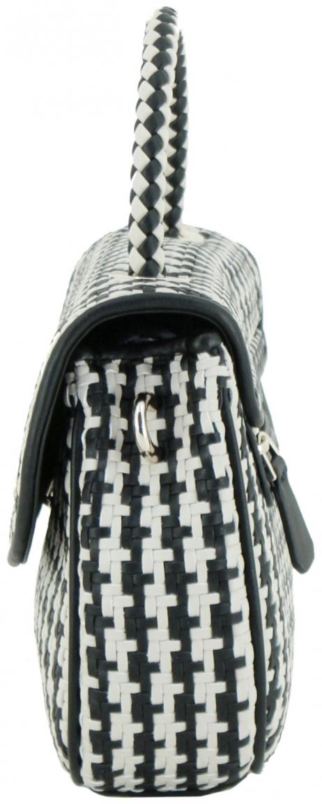 Guess Mirema Top Handle Überschlagtasche schwarz beige gestreift Flechtoptik