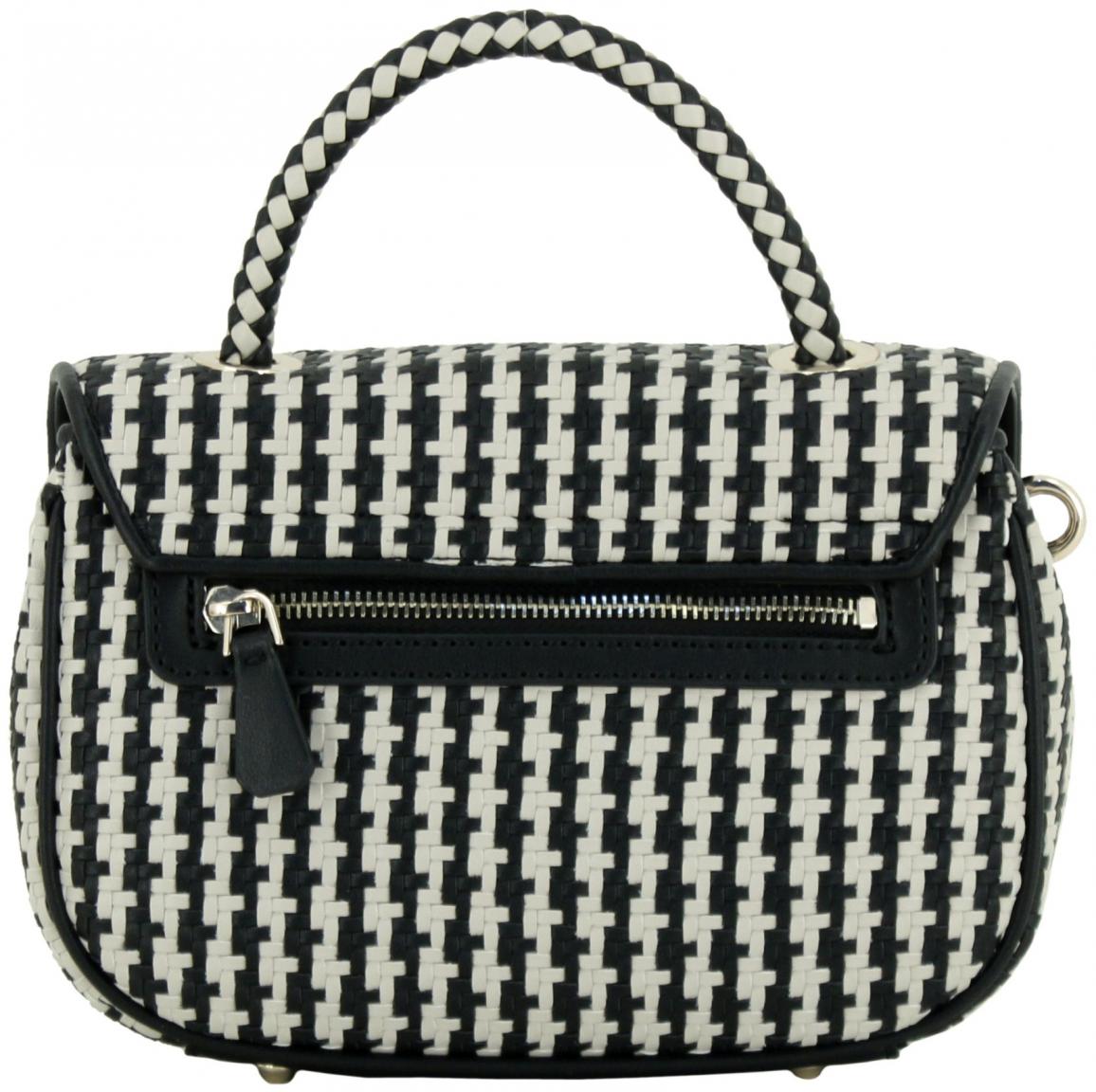 Guess Mirema Top Handle Überschlagtasche schwarz beige gestreift Flechtoptik
