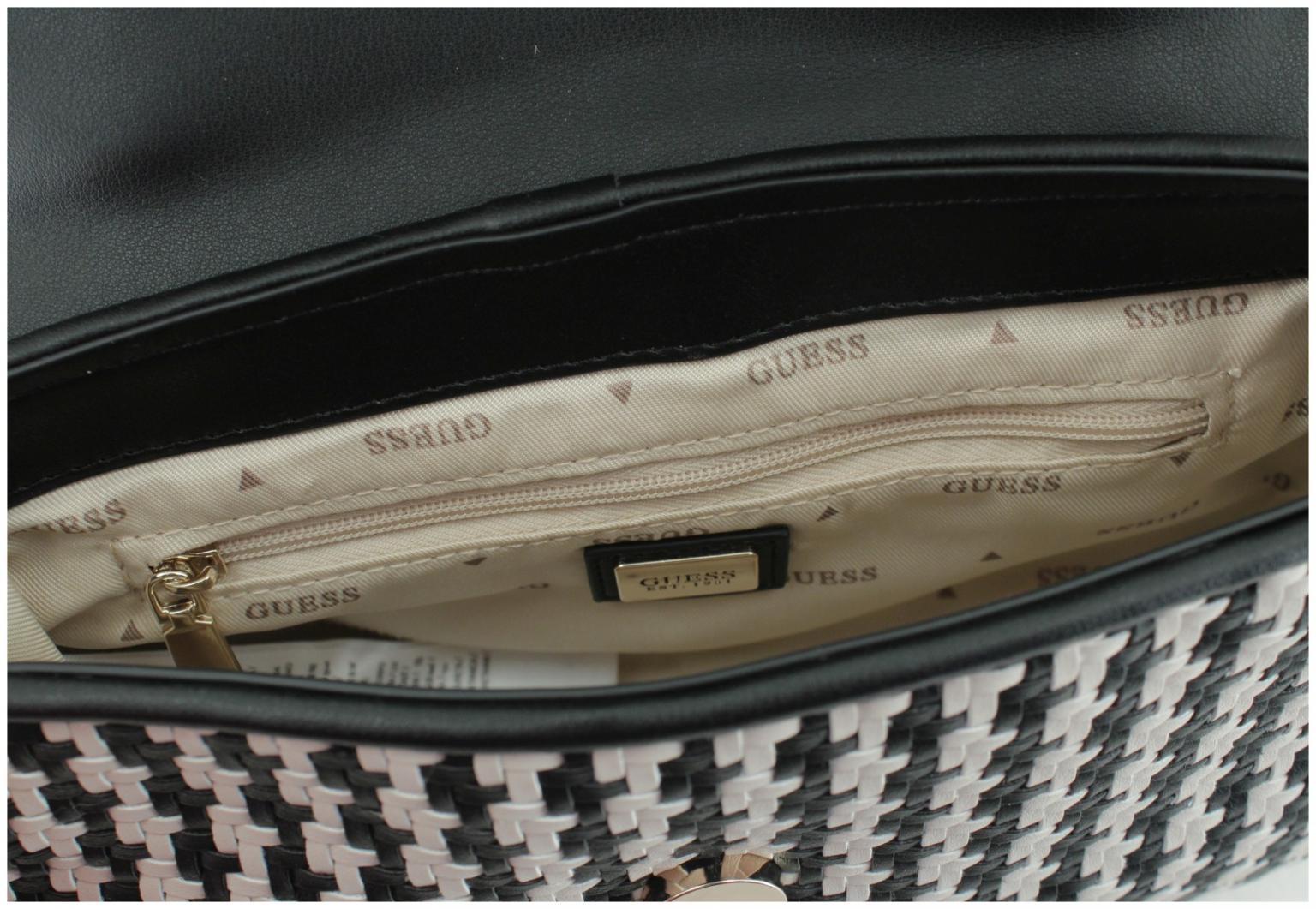 Guess Mirema Top Handle Überschlagtasche schwarz beige gestreift Flechtoptik