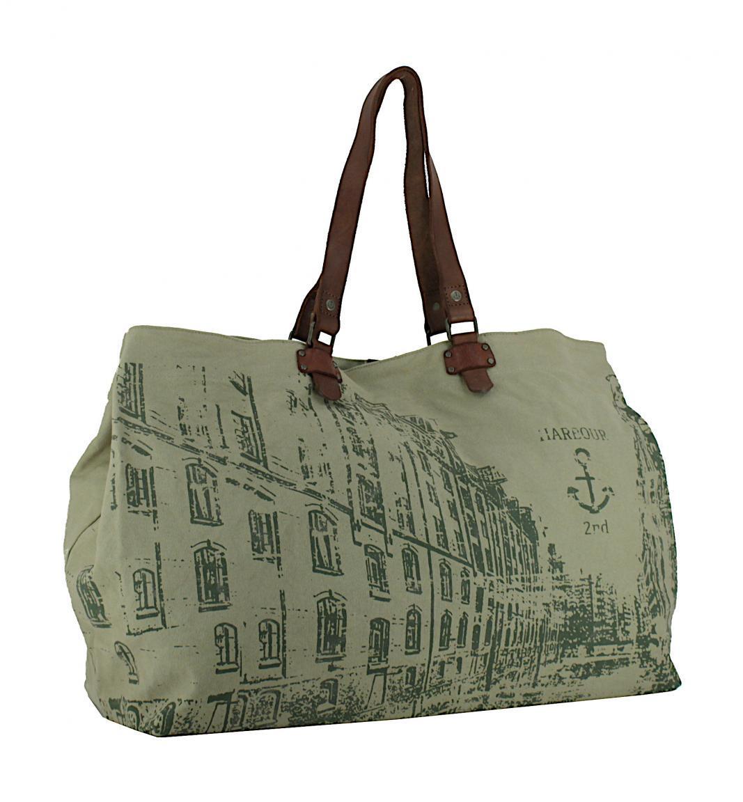 Henkeltasche Großformat beige grün Harbour2nd Goldbek Canvas green Leder