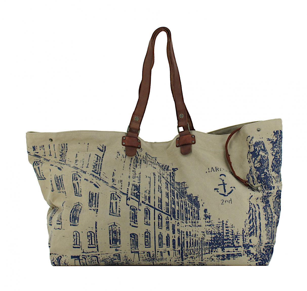 Henkeltasche Großformat beige grün Harbour2nd Goldbek Canvas green Leder