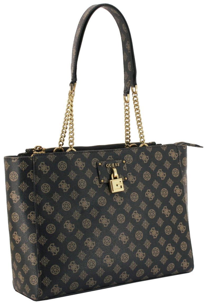 Henkeltasche Guess Centre Stage Mocha Logo Braun Alloverprint Kette