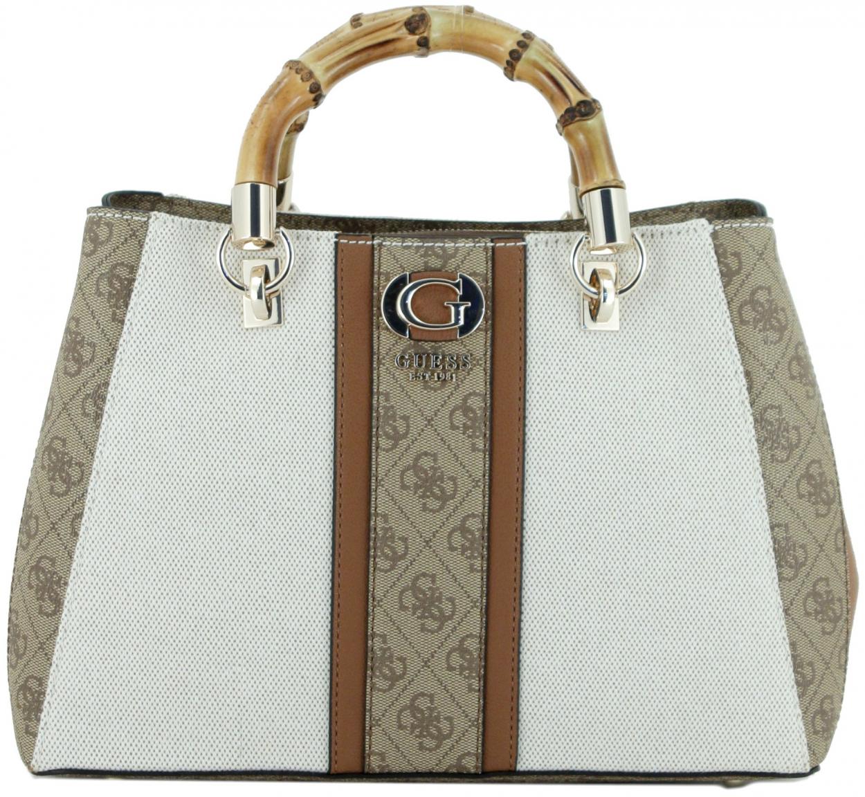 Henkeltasche Guess Kerima Girlfirend Satchel Bambus Canvas Logoprint dunkelgrau