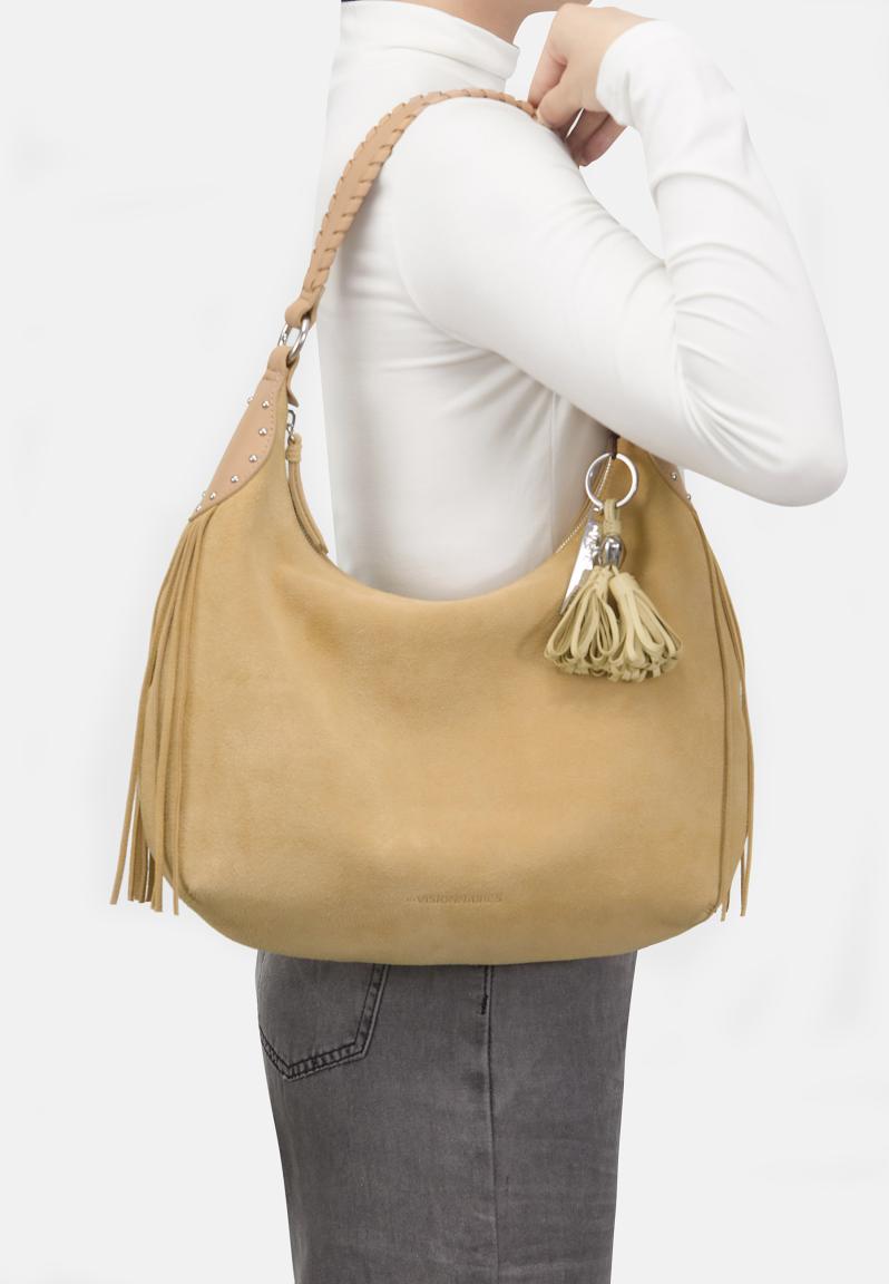 Hobobag Veloursleder Fransen Les Visionnaires Kris taupe Cozy Boho