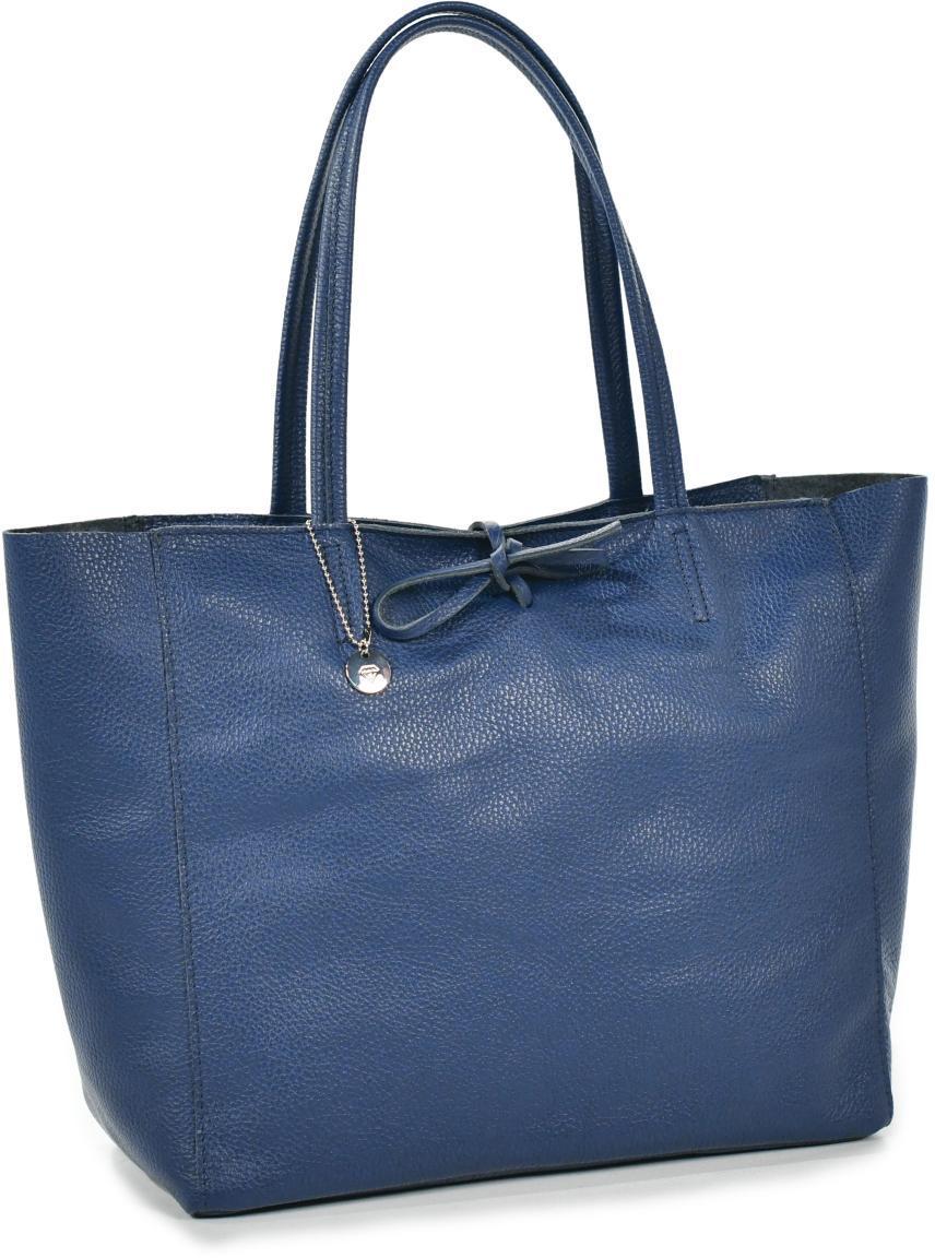 Jeansblaue Henkeltasche aus Leder Caleidos Logoanhänger Masche