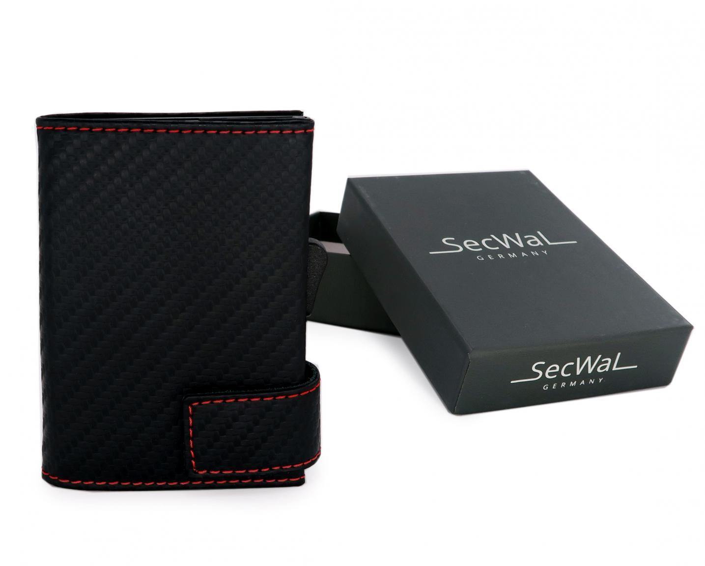 Kartenetui mit Hartgeldfach SecWal Carbon schwarz mit roter Naht