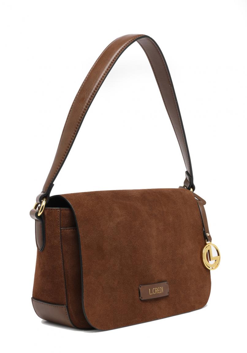 L.Credi Fioretta Cognac Überschlagtasche aus Veloursleder braun