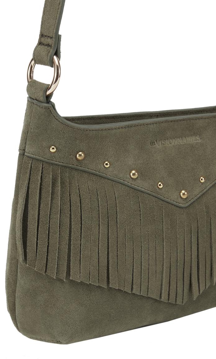 Les Visionnaires Umhängetasche Fransen olivgrün Velours Jane Cozy Boho