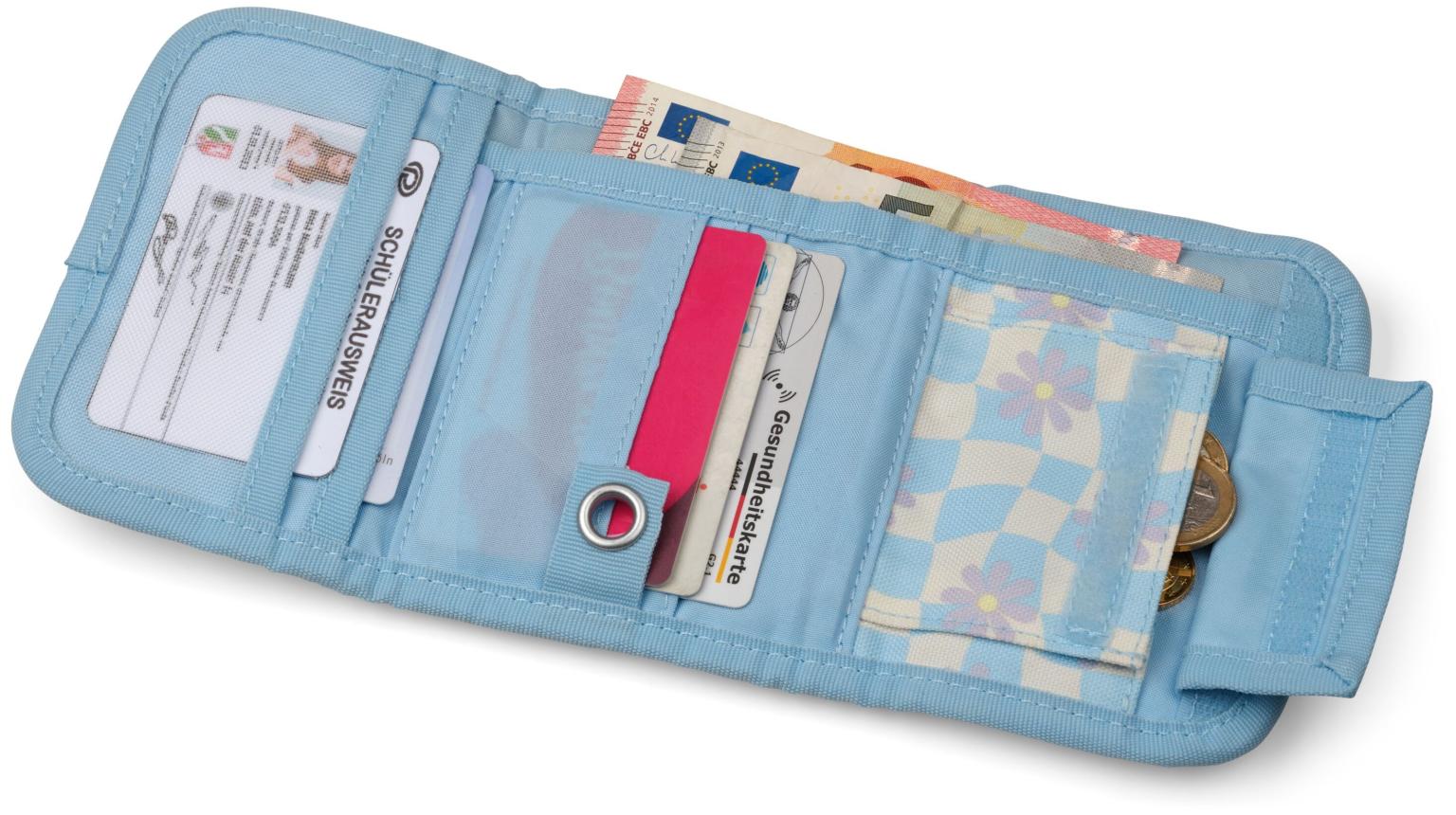 Mädchengeldtasche hellblau kariert Blumen Satch Wallet Summer Era