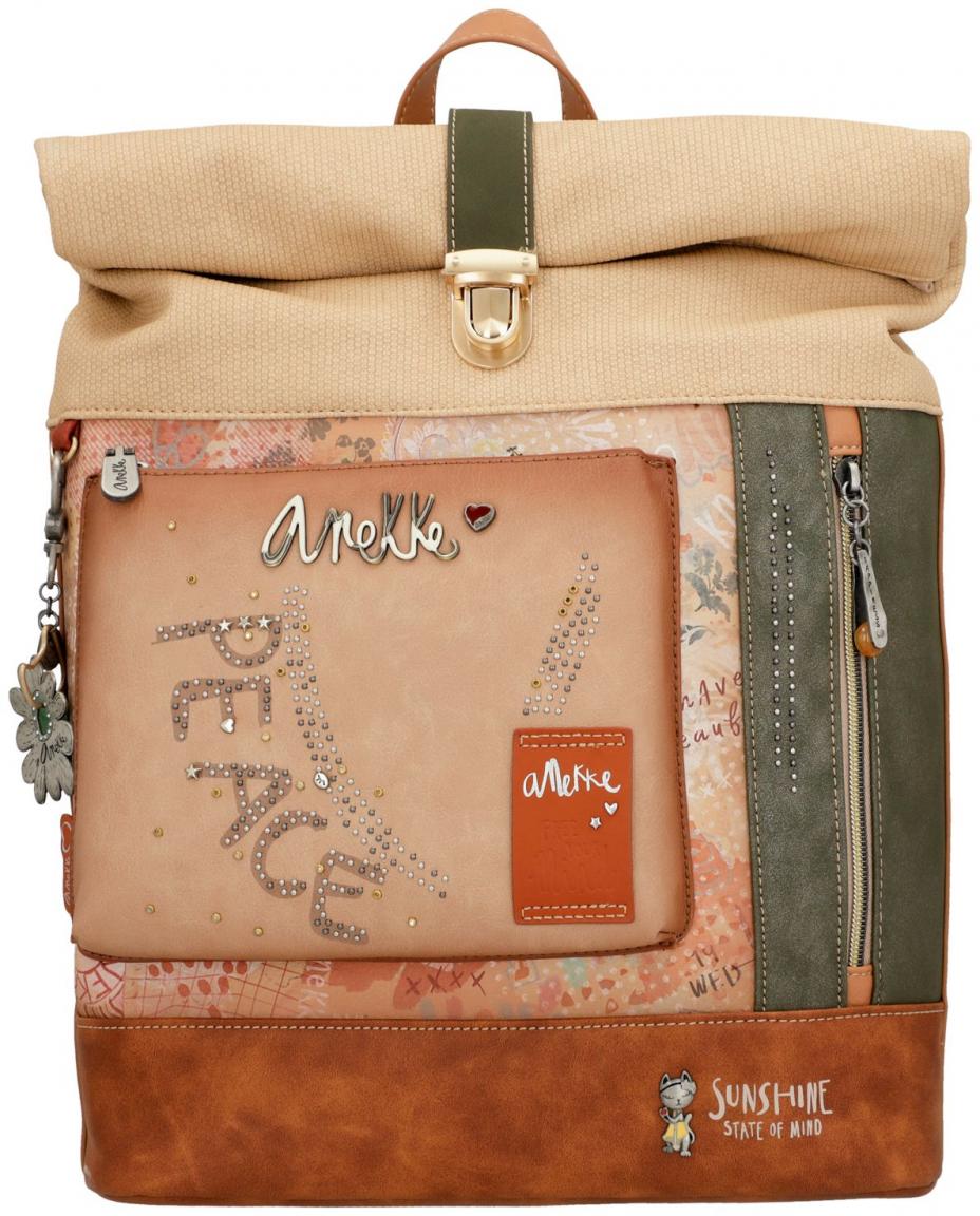 Rollrucksack mit Nietendekor Anekke Peace & Love Flowers beige bunt