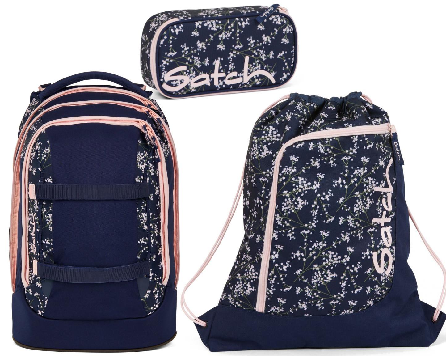 Schülerset Satch Pack Turnbeutel Schüttelpennal Schulrucksack Bloomy Breeze dunkelblau rosa Blumen