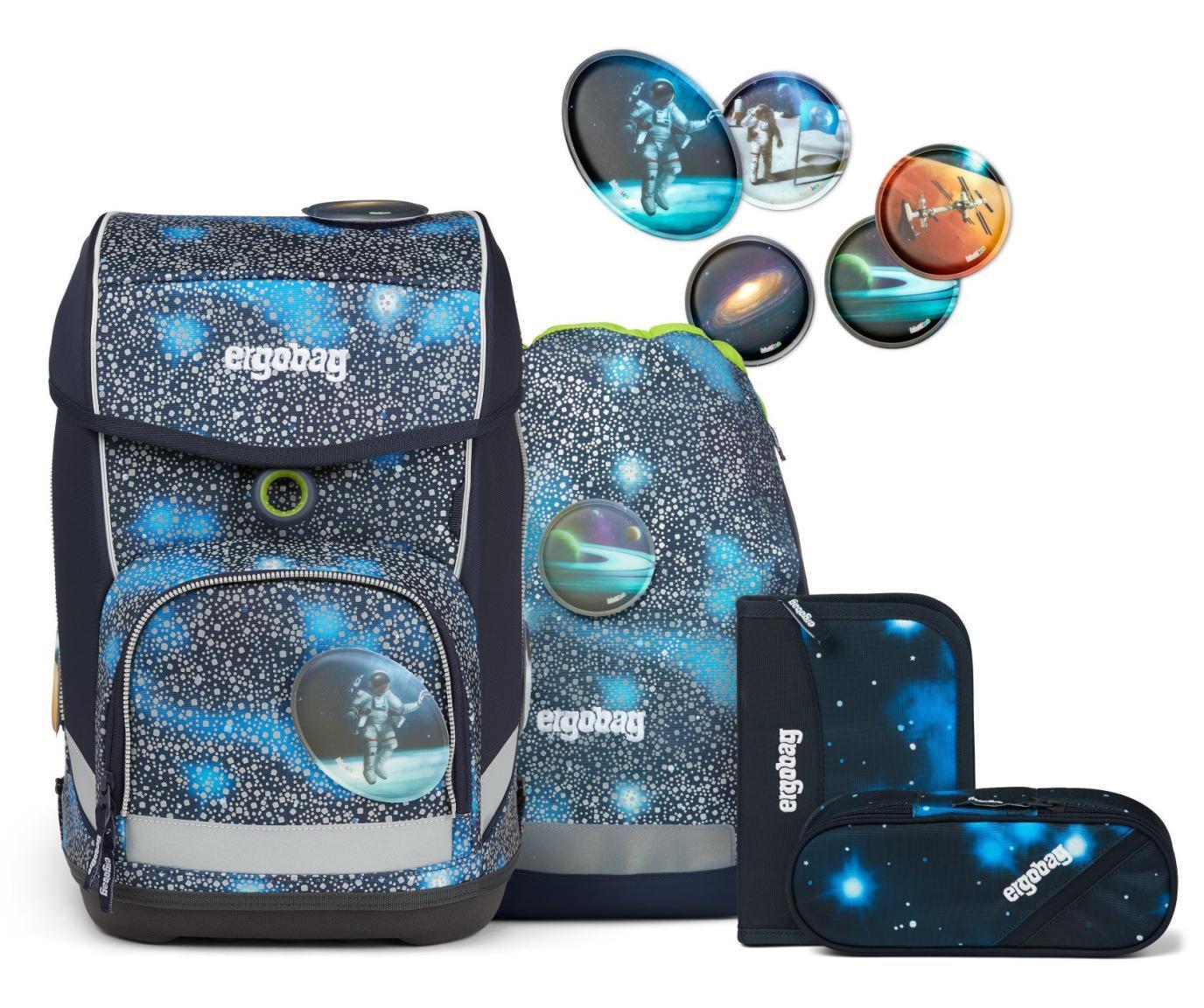 Schulrucksacktset ergobag cubo Weltall reflektieren dunkelblau Schüttelpennal Sportbeutel