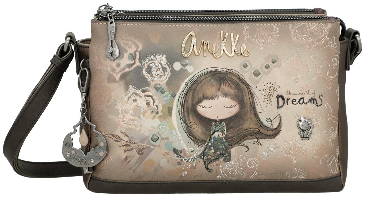 Schultertasche Anekke Real Glitzersteine Nieten beige dreigeteilt