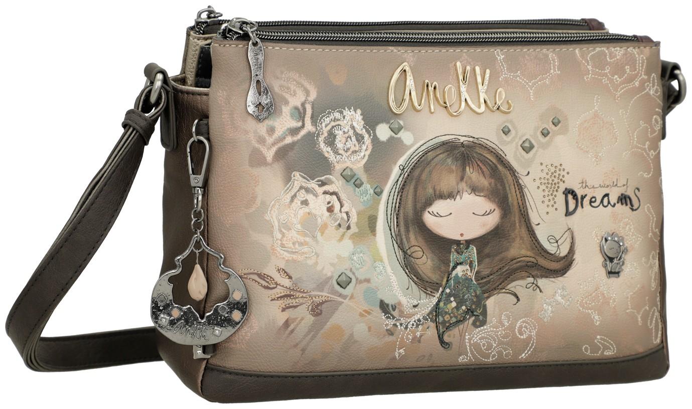 Schultertasche Anekke Real Glitzersteine Nieten beige dreigeteilt