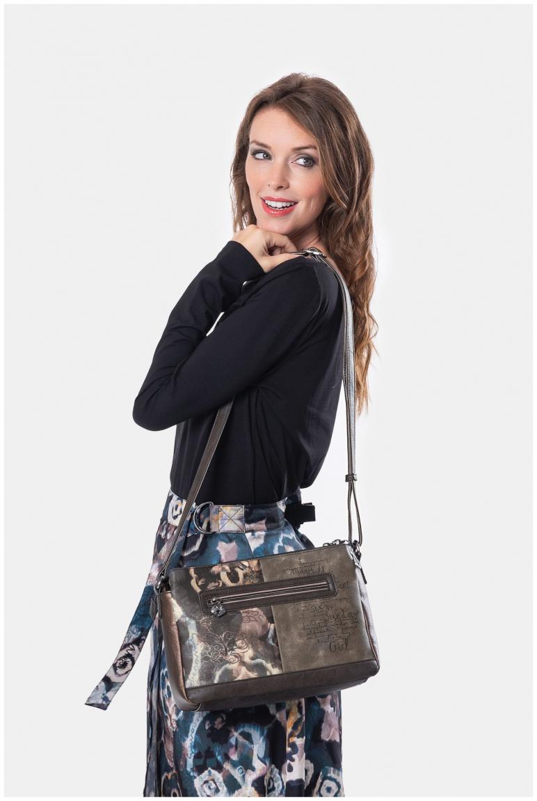Schultertasche Anekke Real Glitzersteine Nieten beige dreigeteilt