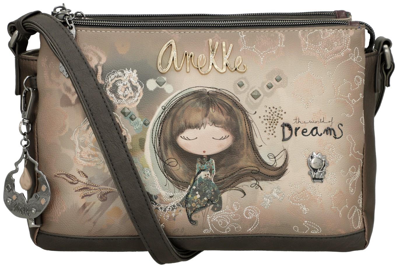 Schultertasche Anekke Real Glitzersteine Nieten beige dreigeteilt