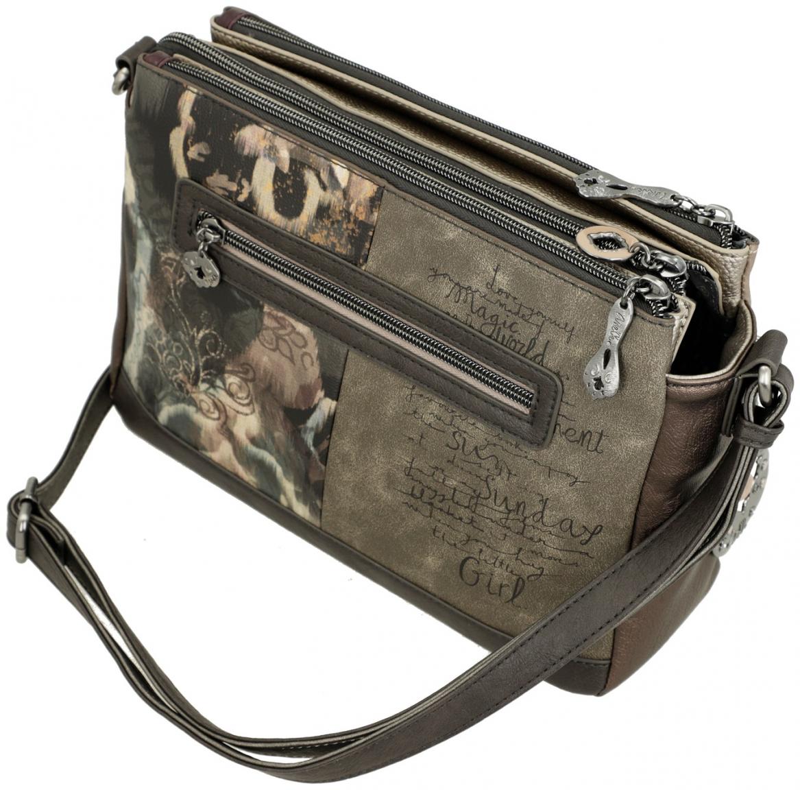 Schultertasche Anekke Real Glitzersteine Nieten beige dreigeteilt