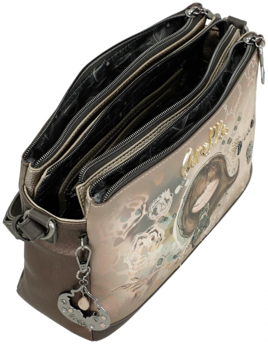 Schultertasche Anekke Real Glitzersteine Nieten beige dreigeteilt