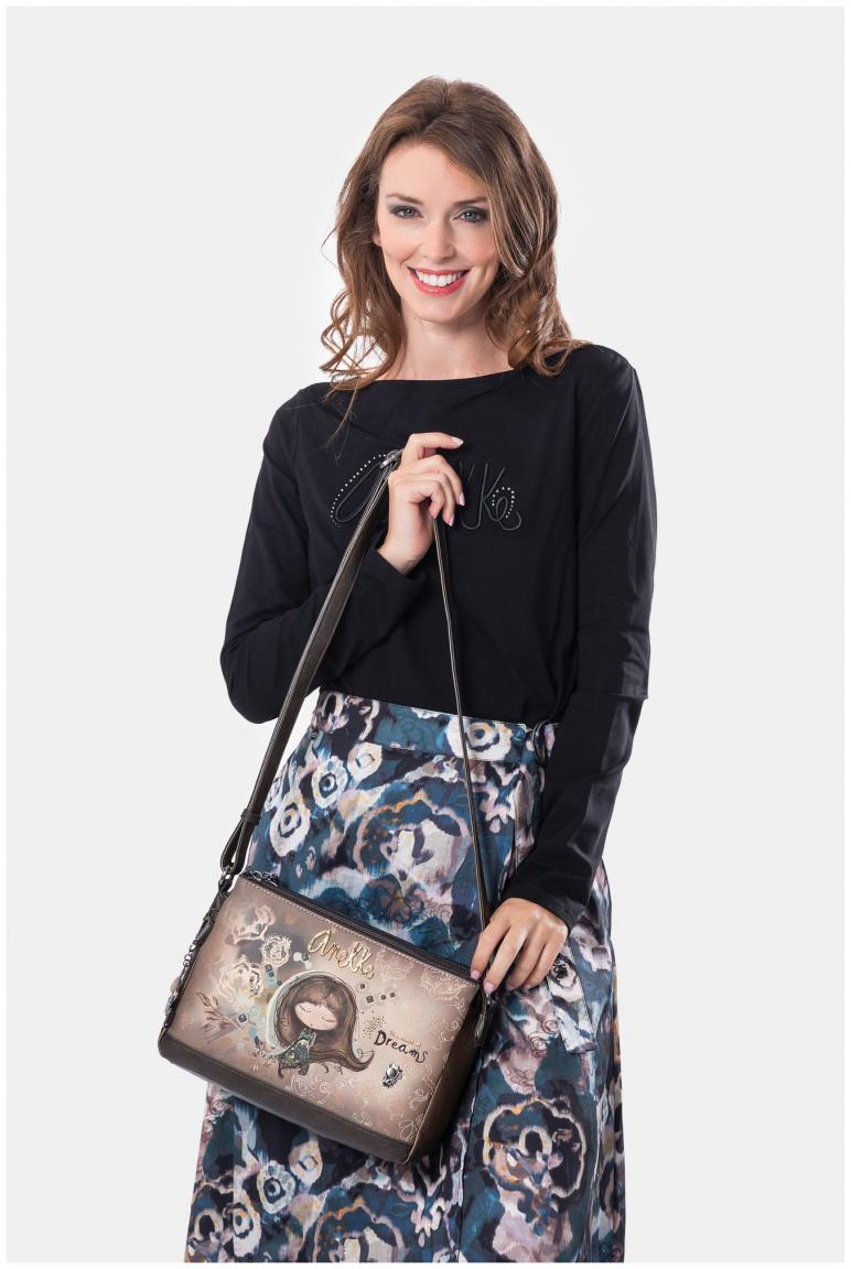 Schultertasche Anekke Real Glitzersteine Nieten beige dreigeteilt