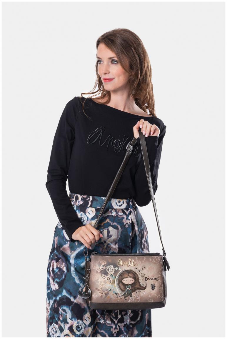 Schultertasche Anekke Real Glitzersteine Nieten beige dreigeteilt